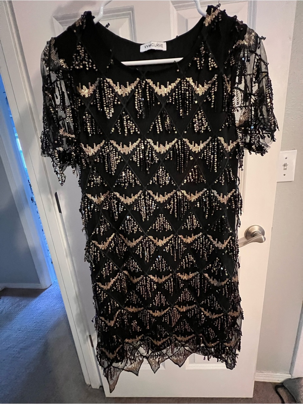 Black Beaded Short Sleeve Cocktail Dress